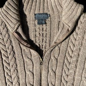 PEREGRINE Tan Brown Zip Up Wool Cardigan English Cable knit Fisherman Sweater XL